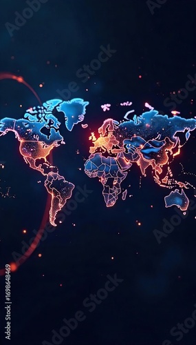 Global network connections visualized as glowing lines and nodes connecting across a world map, illustrating international communication and interconnectedness , digital world, worldwide network