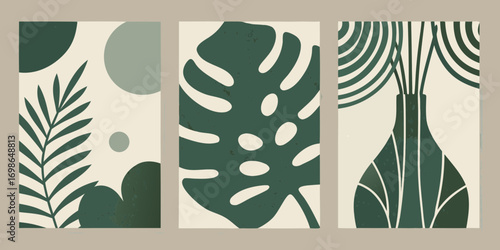 Abstract triptych of green tropical leaves and vase with geometric shapes