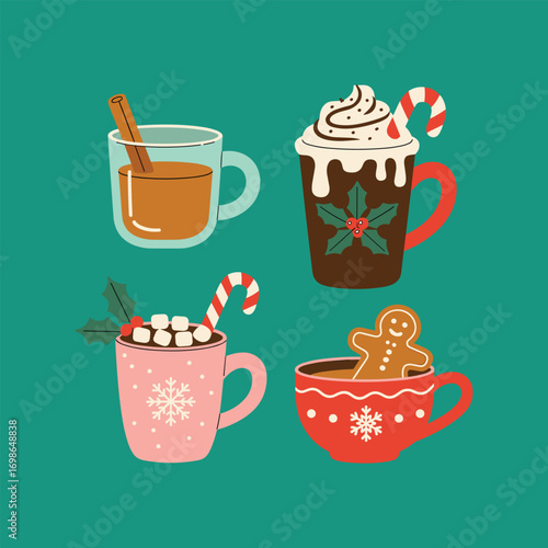 Four Festive Christmas Mugs With Hot Drinks And Festive Decorations hot chocolate cocoa