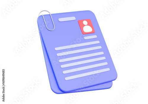 Paper document candidate work verify identity recruitment organization employment interview profile name resume portfolio search human resources on isolated background. 3d render