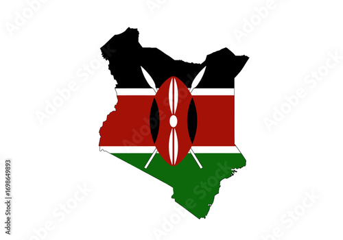 Flag of Kenya shown within the shape of its borders and a shield