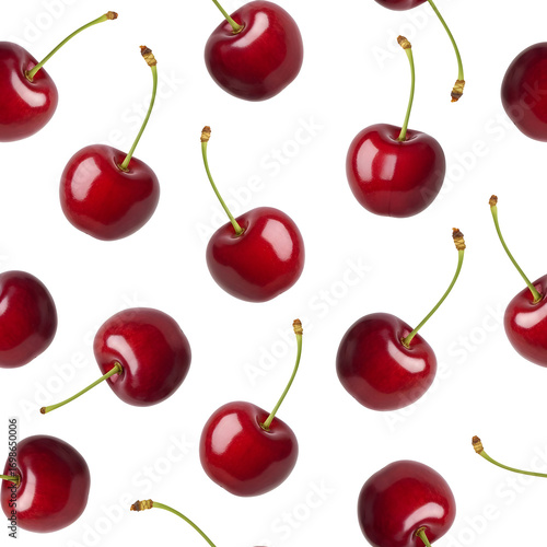 A seamless pattern of ripe red cherries on a white background.