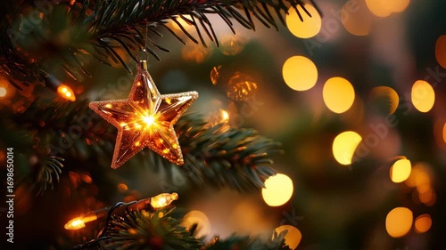 A sparkling golden star ornament hangs on a christmas tree branch, illuminated by warm bokeh lights in the background, creating a festive atmosphere 4k video