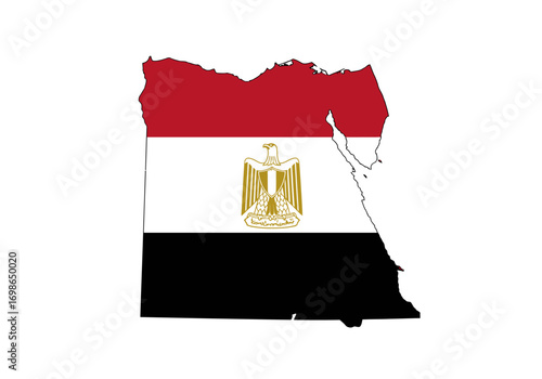 Map of Egypt overlaid with the Egyptian flag featuring red white and black bands and a golden eagle in the center