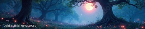 Enchanted forest bathed in ethereal moonlight, glowing flora, mystical fog swirling around ancient trees, creating a dreamlike, magical atmosphere perfect for fantasy projects , whimsical, rays