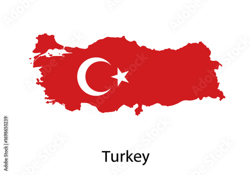 Red map of Turkey emblazoned with a white crescent and star centered over the name Turkey