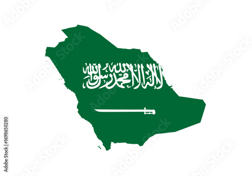 Saudi Arabia flag in shape of the country green with white script  sword