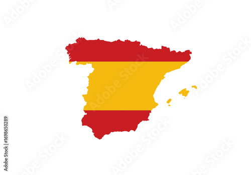 Spains flag in its landmass shape featuring horizontal red and yellow stripes