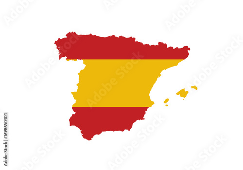 The image depicts the country shape of Spain colored with the Spanish flags red and yellow stripes