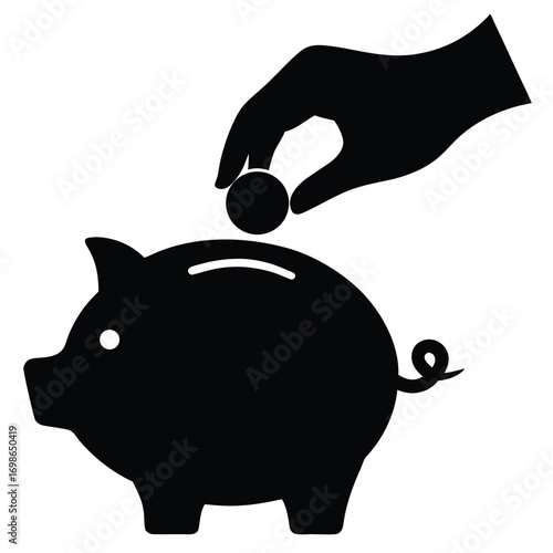 A clean black silhouette illustration of Hand dropping coin in piggy bank