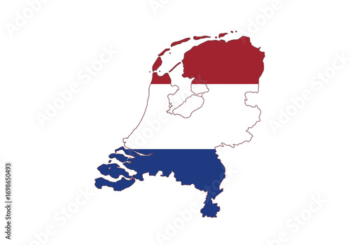 The Netherlands country map is outlined with the Dutch flag colors overlaid in horizontal stripes