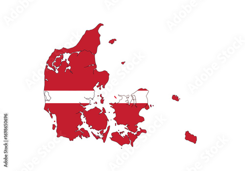 Denmarks outline is filled with its red and white flag Isolated