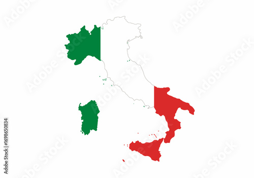 Map of Italy divided by colors of the Italian flag Green on top left and Sardinia island red on bottom right regions