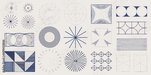 Collection of abstract geometric shapes and patterns in a minimalist blue and beige color palette