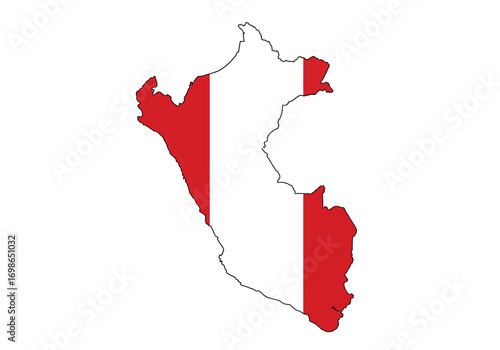 Perus outline map displays its flag red on left and right sides white in the middle against a white background