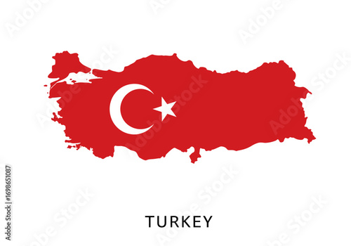 Red map of Turkey with white crescent  star emblem on white background labeled TURKEY