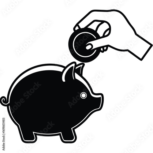 A clean black silhouette illustration of Hand dropping coin in piggy bank