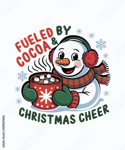 Cute snowman enjoys hot cocoa, spreading Christmas cheer.