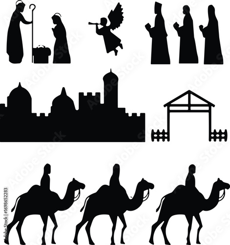 Nativity scene vector silhouettes featuring Mary, Joseph, baby Jesus, angels, three wise men on camels, stable, and Bethlehem city