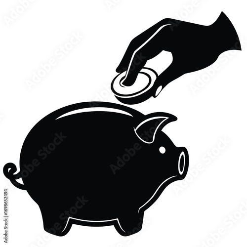 A clean black silhouette illustration of Hand dropping coin in piggy bank