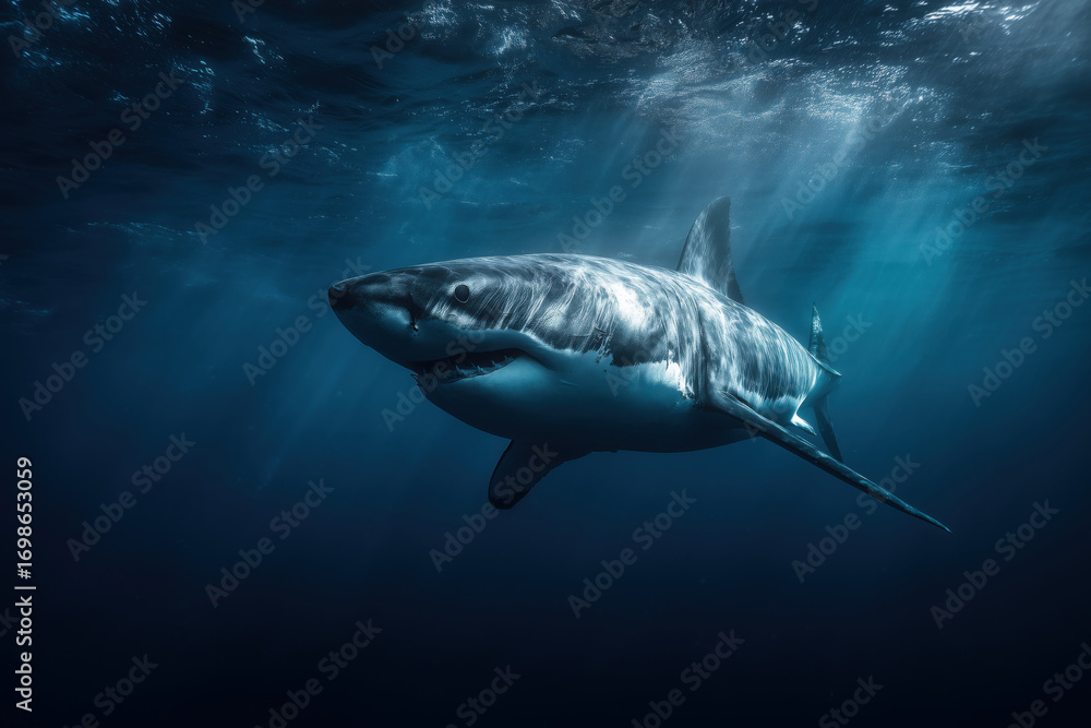 Fototapeta premium Great shark swimming underwater with sunlight filtering through ocean surface, powerful body and sharp teeth visible, marine predator moving through deep blue sea environment
