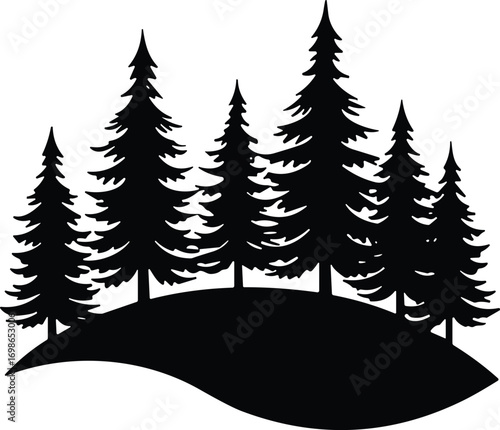 Silhouette vector illustration of pine trees on a hill, perfect for forest, nature, camping, outdoor, and wilderness design themes