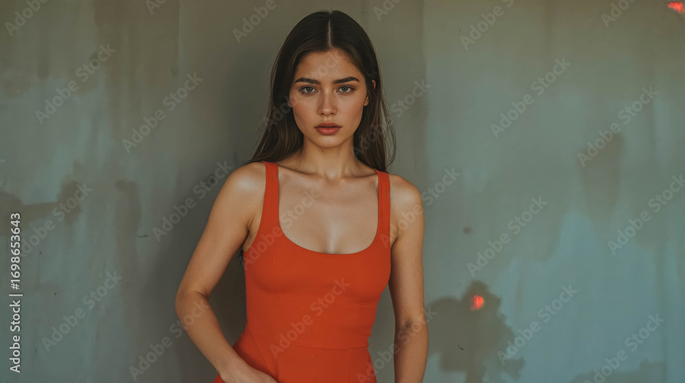 Fototapeta premium Portrait of a young woman in a red dress