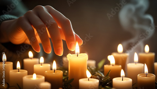 Calming scene of multiple candles burning on a mossy forest floor. An Indigenous hand with woven bracelets carefully adds a natural, earth-toned candle to the group. hindu culture photos