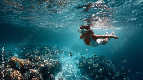 Fototapeta Naklejka Na Ścianę i Meble -  Underwater exploration featuring a snorkeler swimming in vibrant coral reefs and marine life