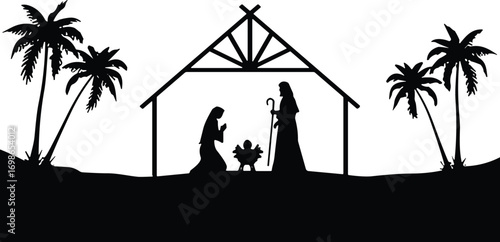 Silhouette vector illustration of Nativity scene with Mary, Joseph, baby Jesus in stable, perfect for Christmas, religion, and holiday themes