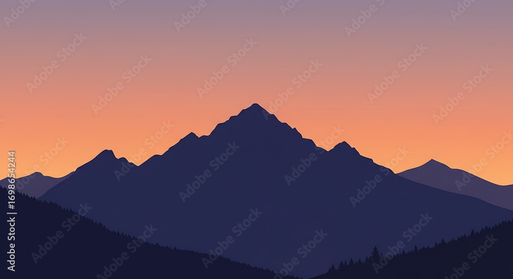 Naklejka premium Minimalist Mountain Landscape at Sunset with Gradient Sky and Forest Silhouettes