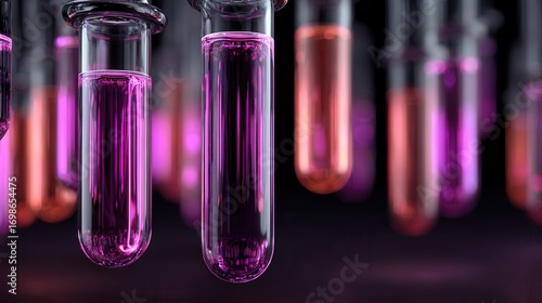 Test tubes with purple bioluminescent glow, futuristic laboratory experiment concept