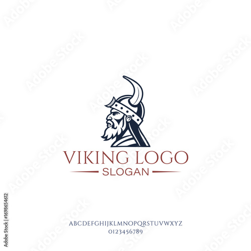 Illustration of a fierce viking warrior head with horned helmet and beard in a vintage style logo