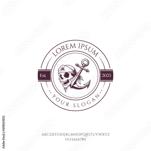 Circular emblem with skull anchor and roses in vintage style on white background