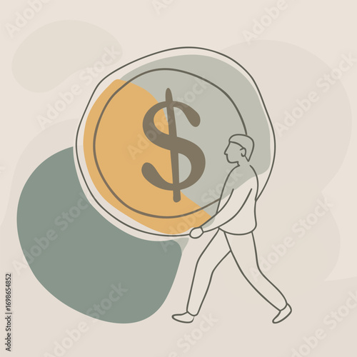 A clean black silhouette illustration of Person carrying giant dollar coin