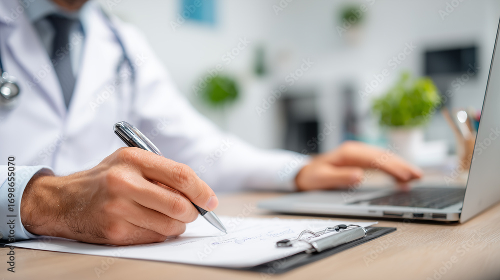 Fototapeta premium Doctor writing notes next to a laptop symbolizing clinical documentation responsible care decisions and the partnership between medicine and technology 