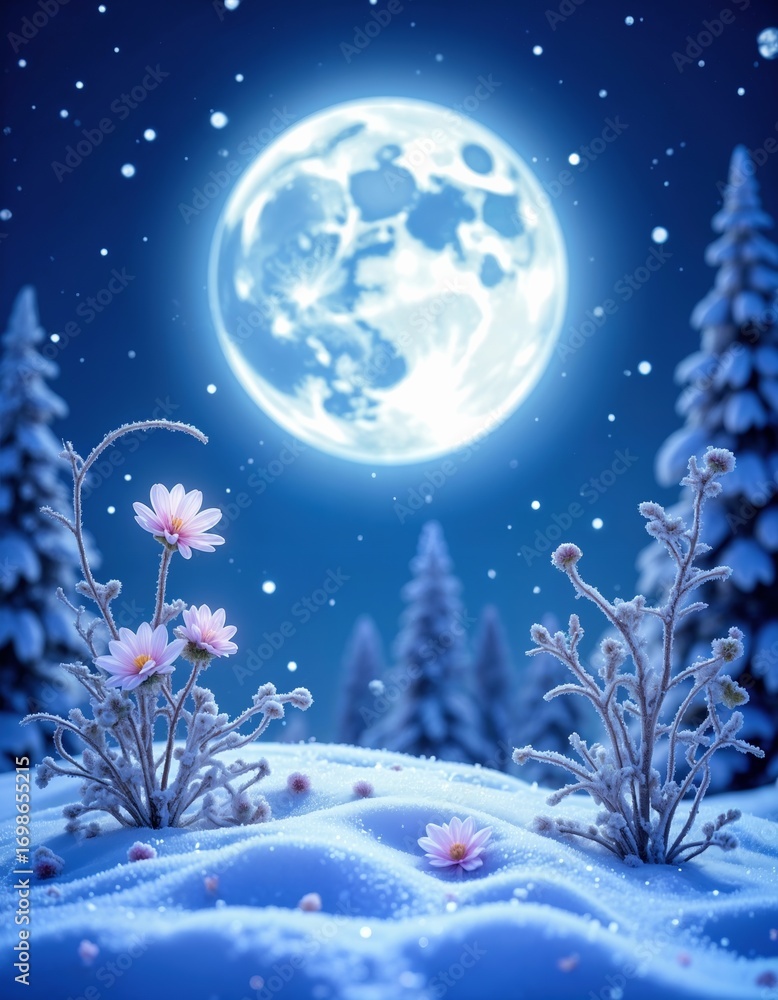 Naklejka premium Magical winter night with glowing flowers blooming in the snow. A large full moon illuminates a frosty forest landscape. Fantasy nature concept.
