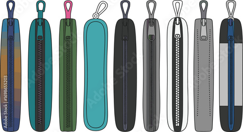 Side view vector illustration of assorted slim zipper pencil cases in different colors and styles for school and stationery accessory content