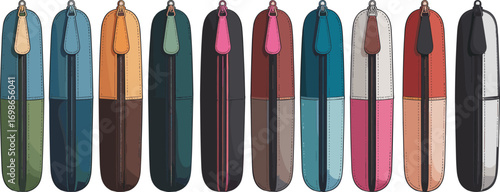 Colorful vector illustration of vertical zip pencil pouches in assorted designs and colors for school stationery and accessory content