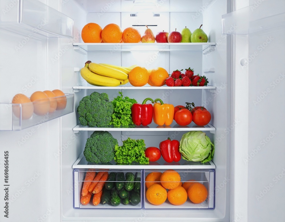 custom made wallpaper toronto digitalA refrigerator door is open, revealing a full interior stocked with fresh fruits and vegetables. The contents are neatly arranged. Concept of healthy eating, clean living, and nutrition.