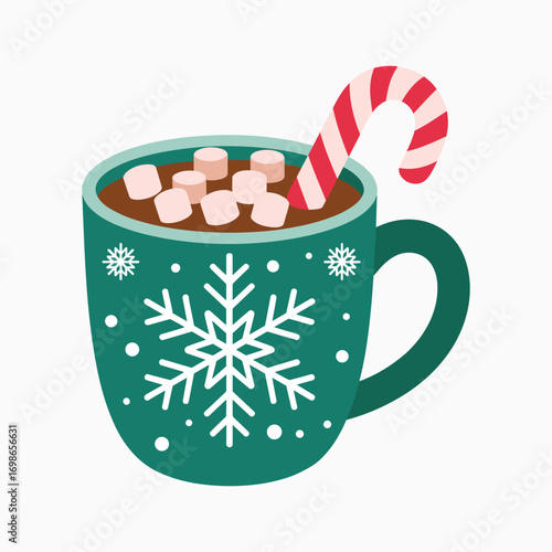 Teal Mug with Snowflake Design Filled with Hot Chocolate and Marshmallows Keywords: hot chocolate
