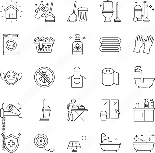 Hygiene icon set. Containing cleaning, disinfection, soap, bathing, sweep, shower, washing hands, clean and sanitation icons.