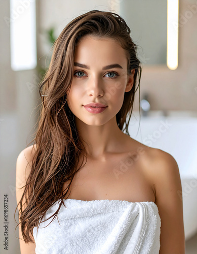 Retrato de mujer joven guapa con piel cuidada y sonrisa tenue envuelta en toalla blanca tras la ducha con cabello mojado en actitud serena símbolo de belleza natural autocuidado bienestar