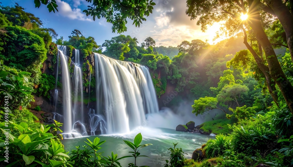 Naklejka premium Lush waterfall cascading through a vibrant jungle