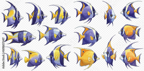A colorful collection of illustrated tropical fish, featuring angelfish and butterflyfish with vibrant yellow, blue, and black patterns.
