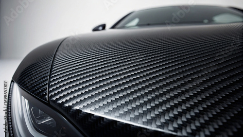 Close up of a black carbon fiber car hood with a detailed weave pattern automotive texture