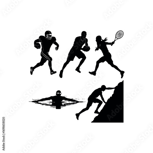 Silhouettes of athletes playing football tennis swimming and rock climbing vector