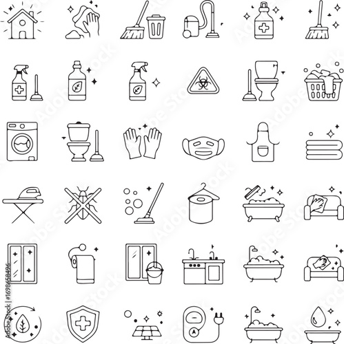 Household cleaning tools and supplies icon set