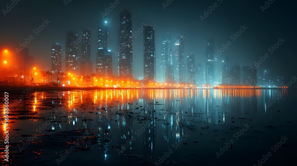 Fototapeta premium Cityscape at Dusk: A breathtaking vista of a modern city silhouette comes alive with the glow of the setting sun, its lights dancing and reflecting on the water.