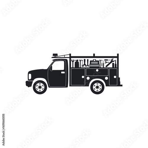 Black silhouette of a service truck with tools and toolbox service vehicle wrench